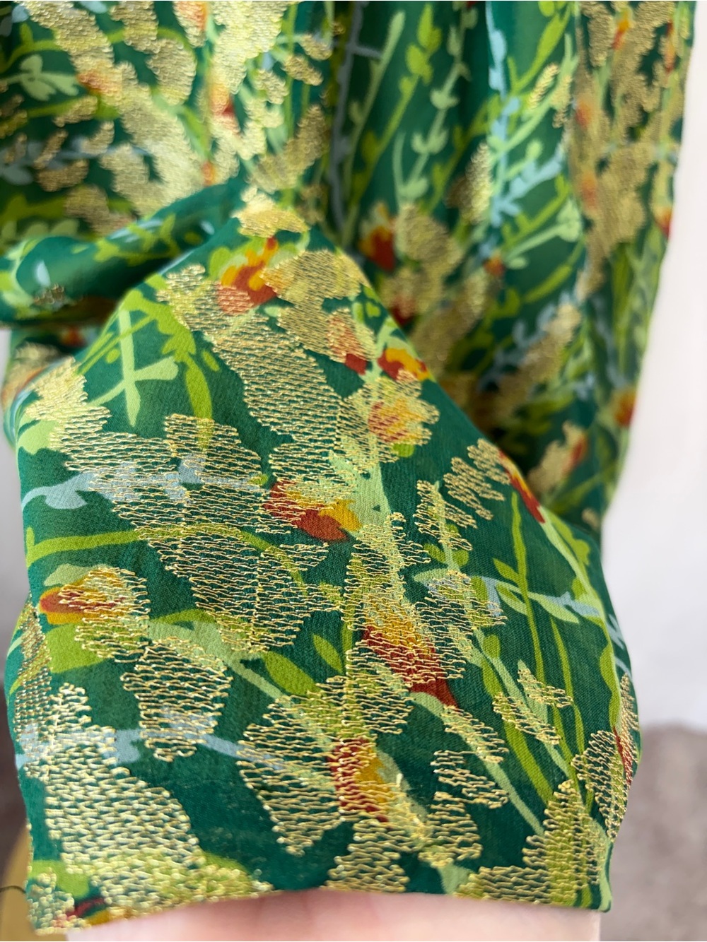 Anthropologie 12th Street 100% Silk Green Gold Ruffle Wedding Guest Dress Medium - Picture 9 of 15